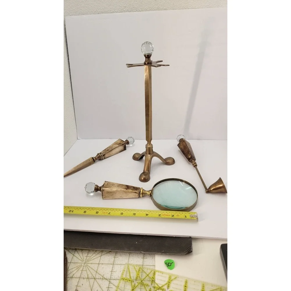 Vintage Brass Desk Set Bone Handles Crystal Knobs Magnifier Opener Snuffer